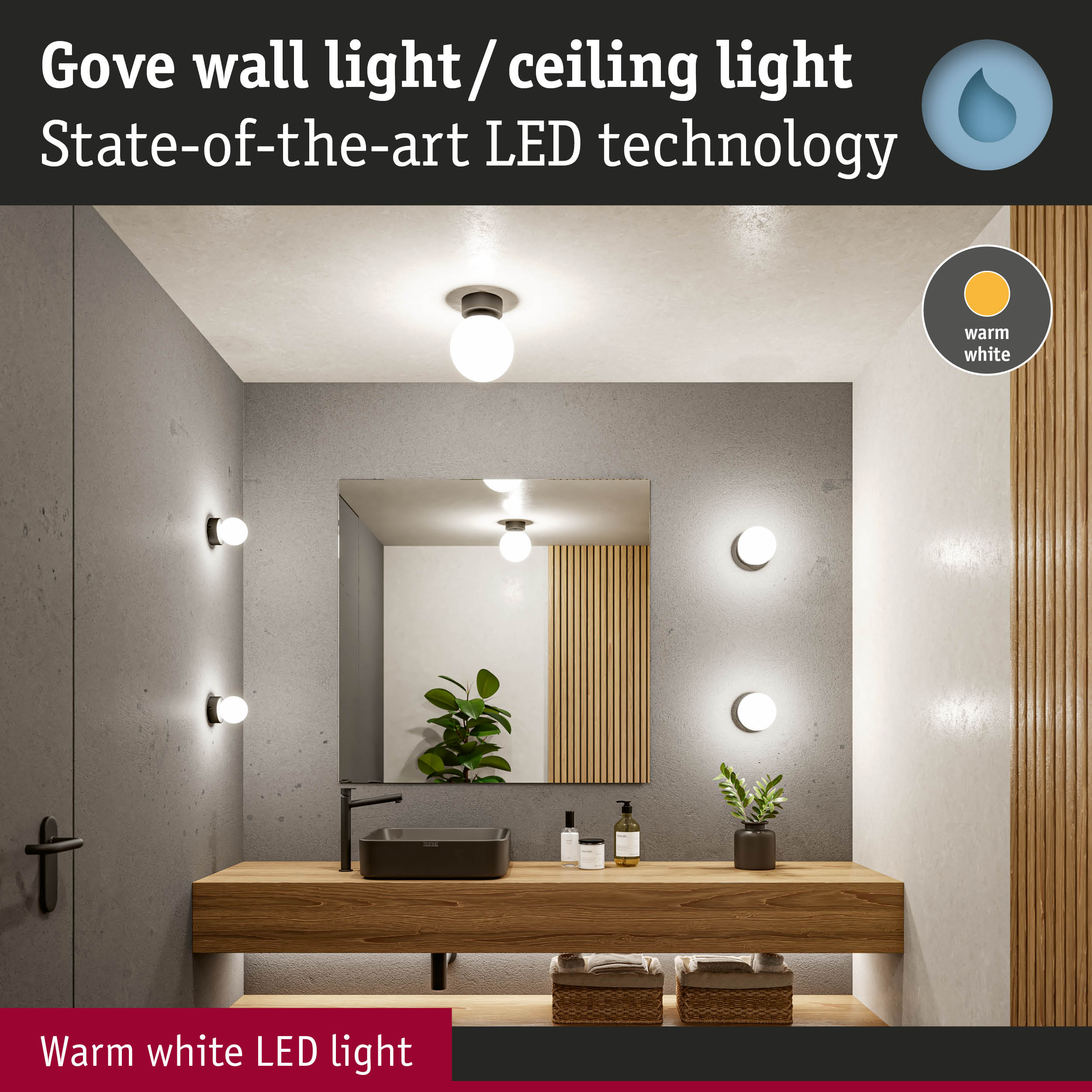 Gove wall and ceiling light with warm white LED in modern bathroom featuring wood and concrete design
