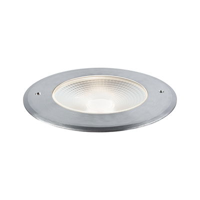 Round recessed LED light made of brushed aluminum with textured glass cover for indoor lighting solutions.