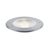 Round recessed LED light made of brushed aluminum with textured glass cover for indoor lighting solutions.