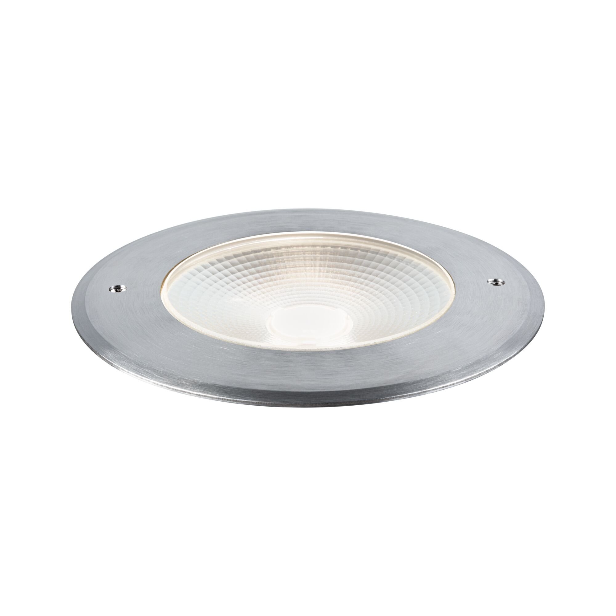 LED-gulvindbygningsarmatur Vanea havvandsresistent IP67 rund 160mm 3000K 15,5W 800lm 230V 65° Alu Aluminium Rund indbygnings-LED-lys i børstet aluminium med struktureret glasdæksel til indendørs belysning.