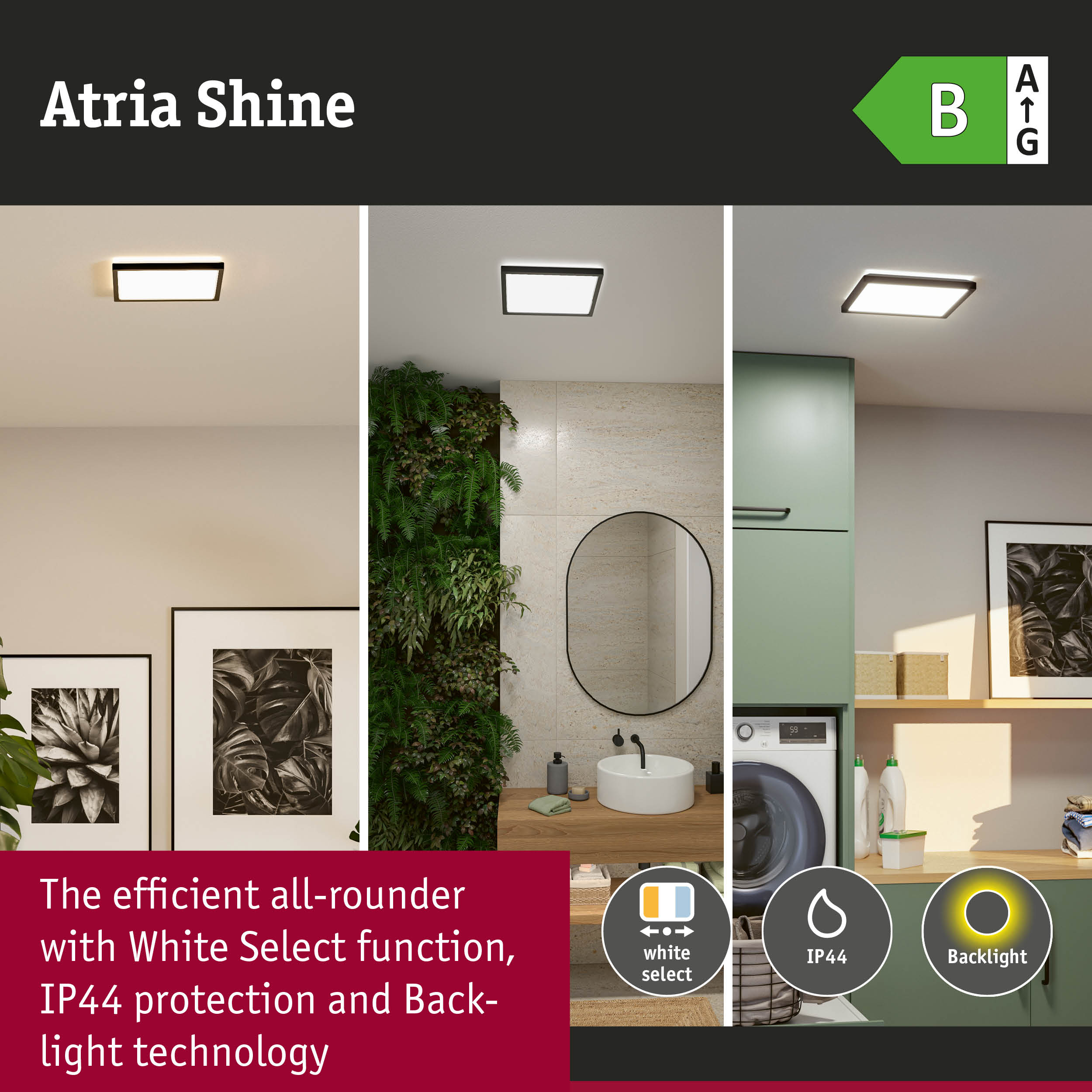 Atria Shine LED ceiling light with IP44 protection, White Select function and backlight technology in black