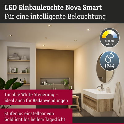 LED Einbauleuchte Nova Smart mit einstellbarem Weißlicht in modernem Badezimmer mit Holzwaschtisch