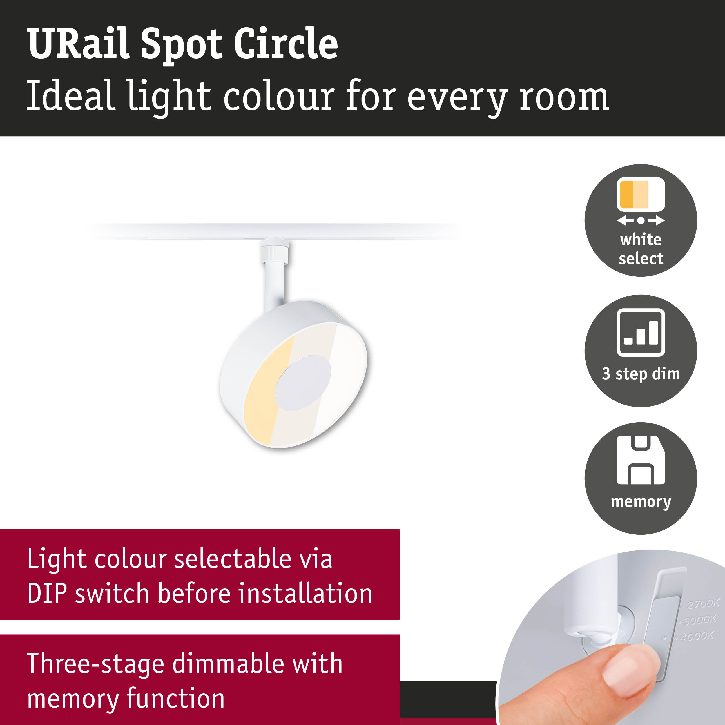 White URail Spot Circle LED spotlight with adjustable light colour and three-step dimmable memory function