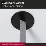 Schwarze runde Einbau-Abdeckung aus Kunststoff mit grauem Gurt für das ULine Gurt-System