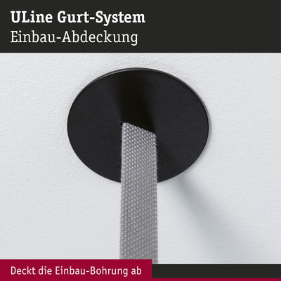 Schwarze runde Einbau-Abdeckung aus Kunststoff mit grauem Gurt für das ULine Gurt-System