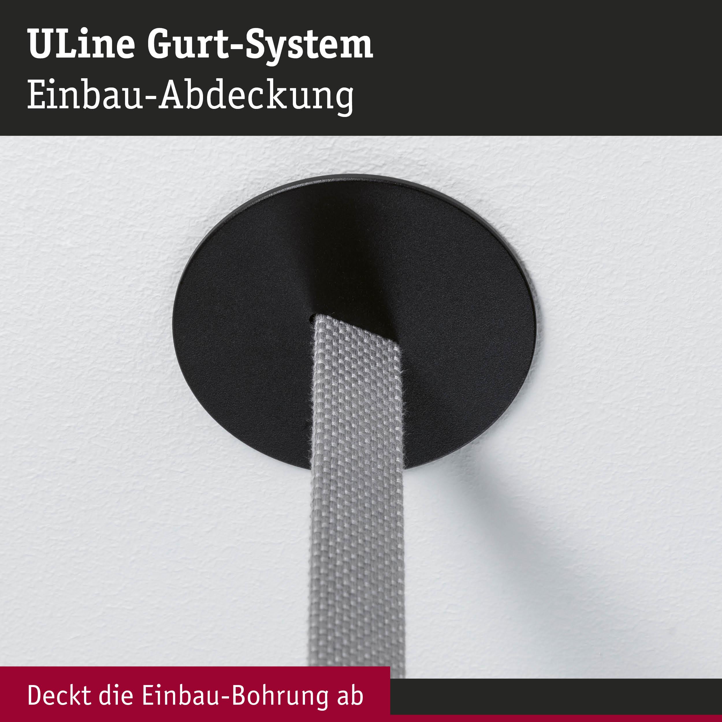 Schwarze runde Einbau-Abdeckung aus Kunststoff mit grauem Gurt für das ULine Gurt-System