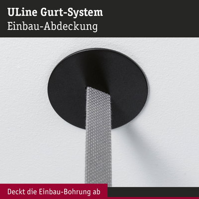 Schwarze runde Einbau-Abdeckung aus Kunststoff mit grauem Gurt für das ULine Gurt-System