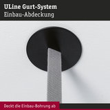 Schwarze runde Einbau-Abdeckung aus Kunststoff mit grauem Gurt für das ULine Gurt-System