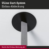 Schwarze Einbau-Abdeckung aus Kunststoff für ULine Gurt-System mit grauem Gurtband an weißer Wand