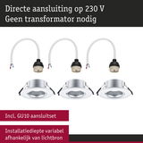 Drie zilverkleurige inbouwspots met GU10 aansluitkabels voor 230 V directe aansluiting, variabele installatiediepte
