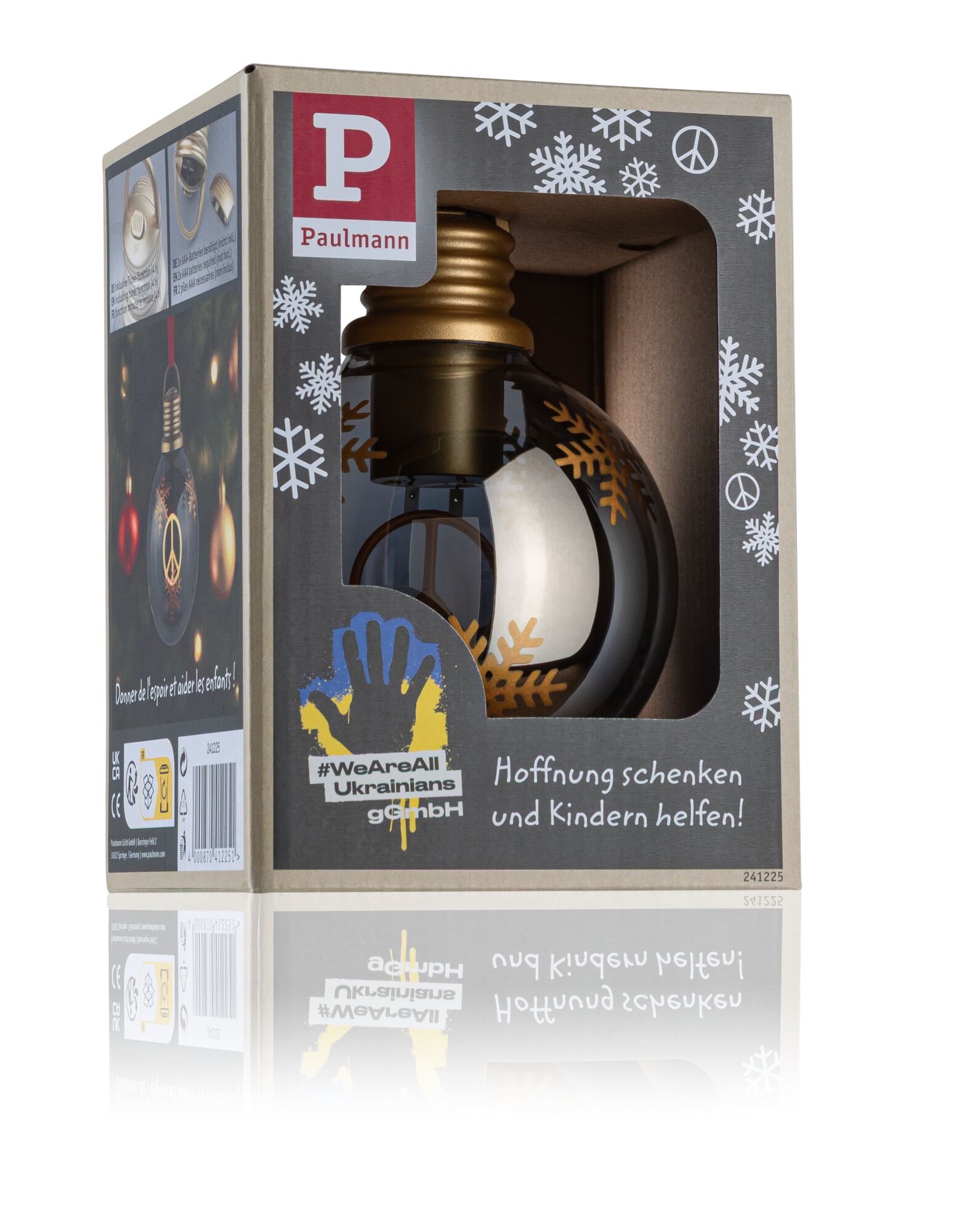 Weihnachtskugel aus Glas mit goldenen Schneeflocken im Geschenkbox-Design für festliche Dekoration