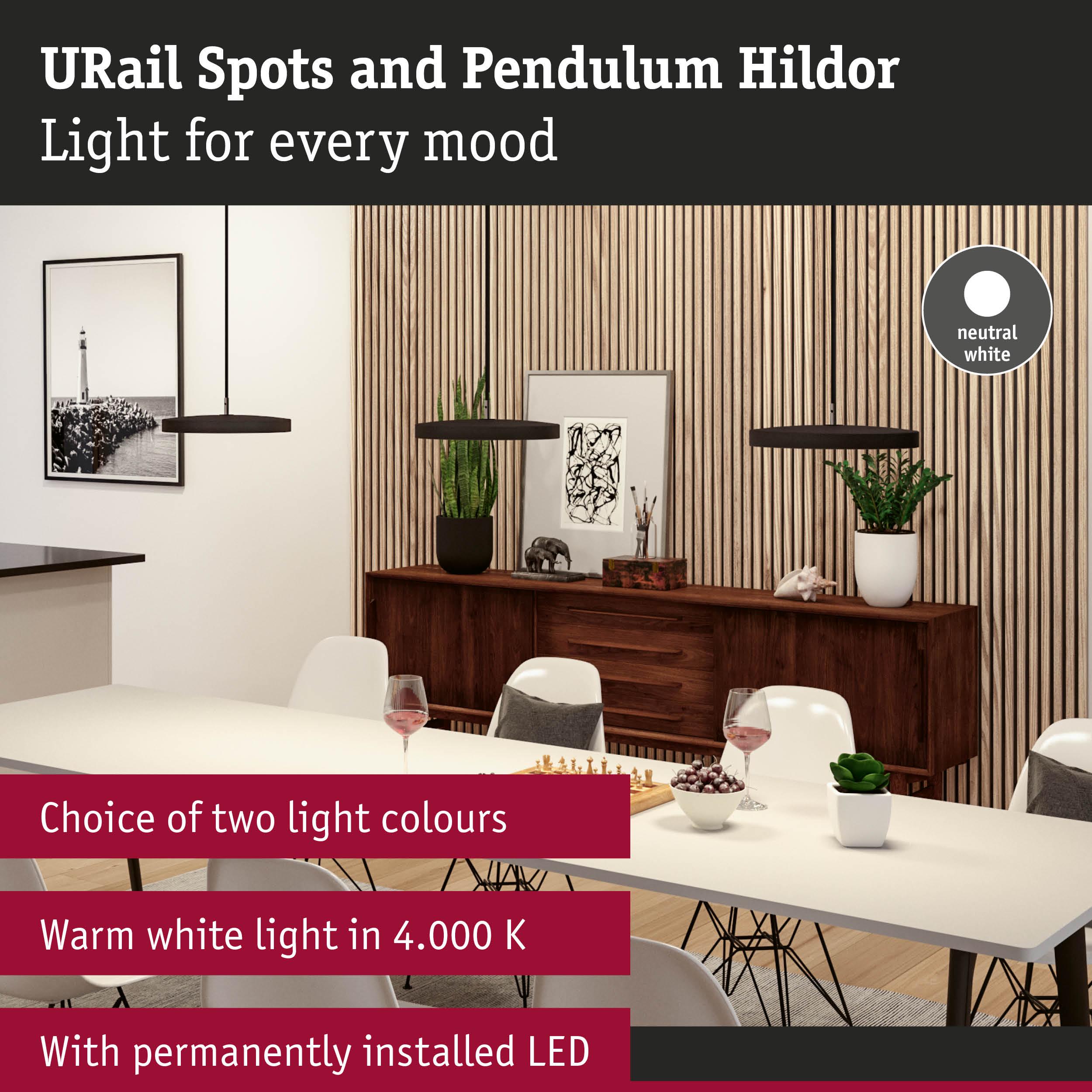 Modern black URail Hildor pendant lights with warm white LED light above dining table and sideboard