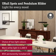 Modern black pendant lights with neutral white LED light above dining table in living room