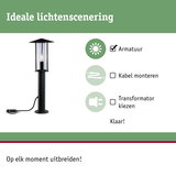 Zwarte buitenlamp met glazen behuizing en kabel voor tuinverlichting en lichtscènes