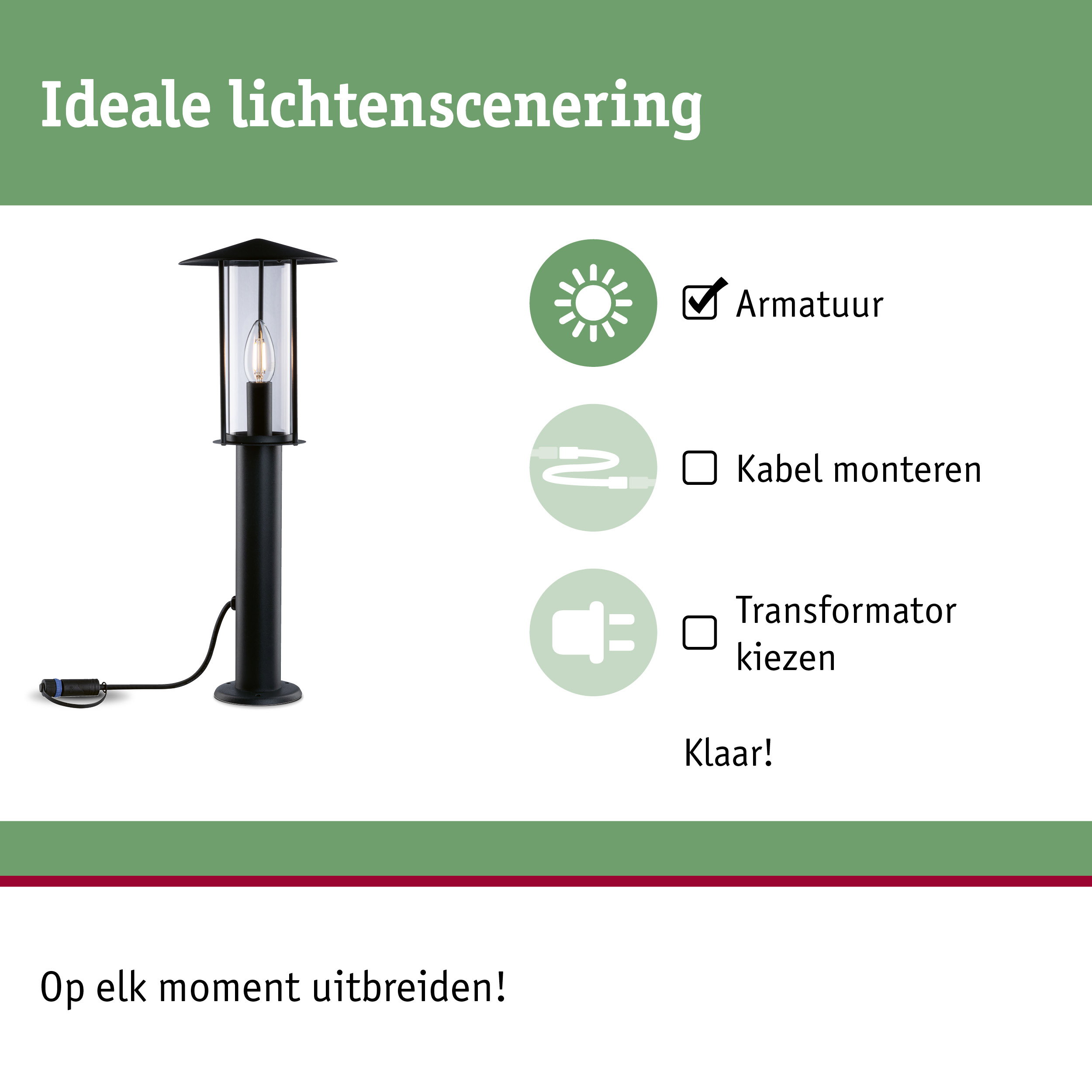Zwarte buitenlamp met glazen behuizing en kabel voor tuinverlichting en buitengebruik