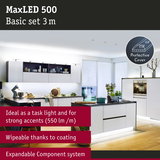 Modern white kitchen illuminated by MaxLED 500 LED strip 3 m, energy-efficient and wipeable with protective cover