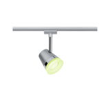 Modern silver LED spotlight with green light ring for track lighting system