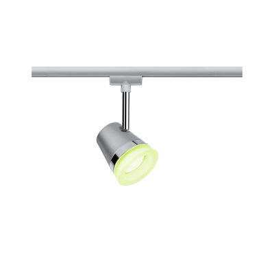 Projecteur LED argenté moderne avec anneau lumineux vert pour système de rails