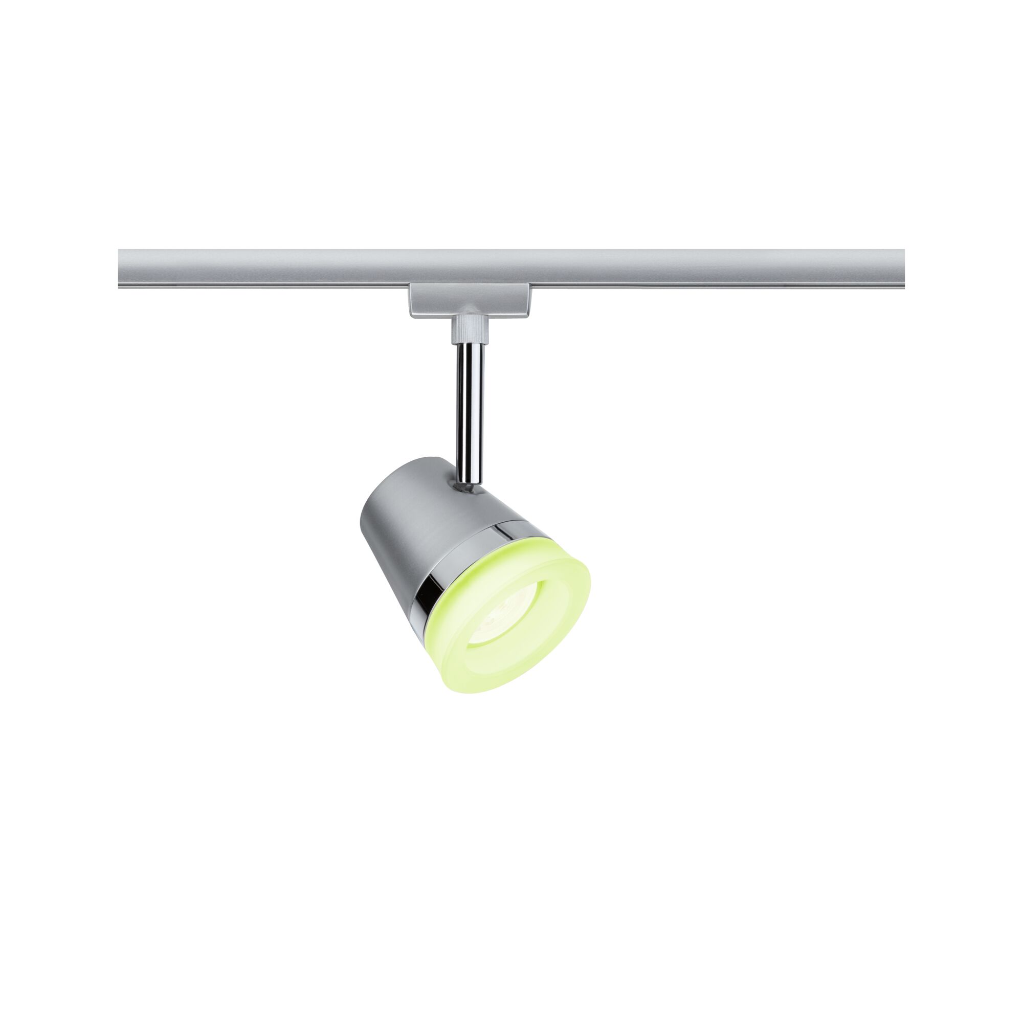 Modern silver LED spotlight with green light ring for track lighting system