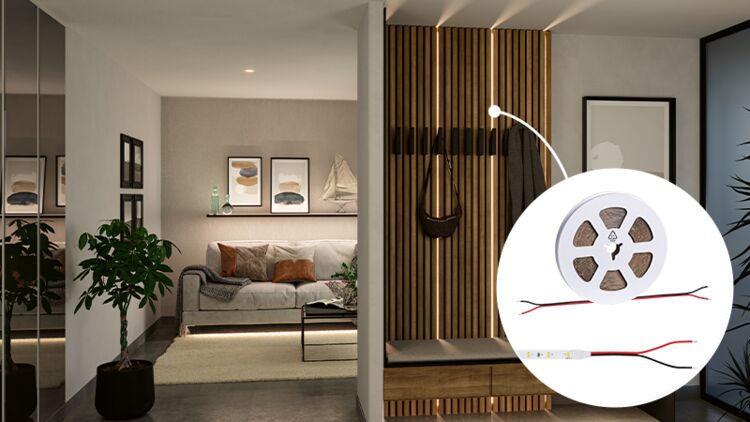 Modern living room with LED strip lighting under sofa and wood panel, white LED ProStrips roll with wires.