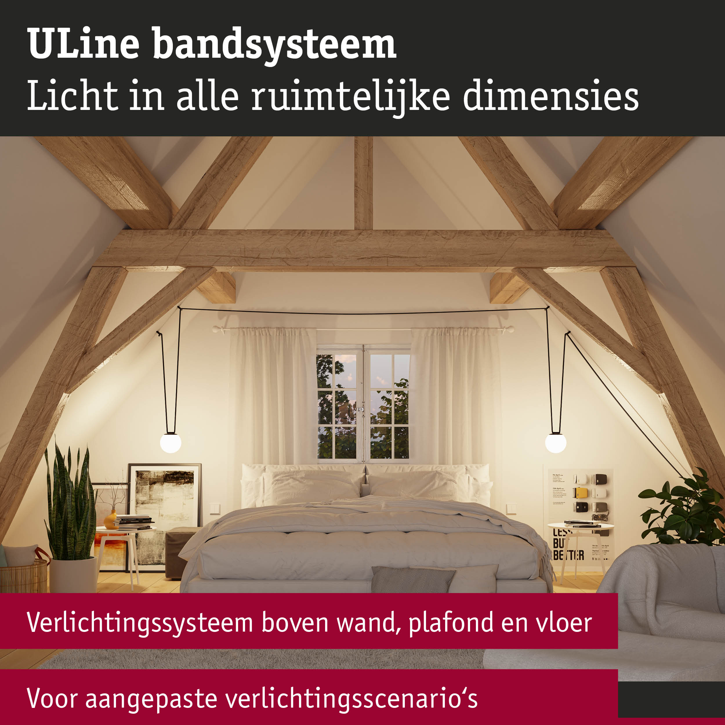 Modern slaapkamer met houten balken en ULine bandsysteem verlichting voor aanpasbare lichtscenario's