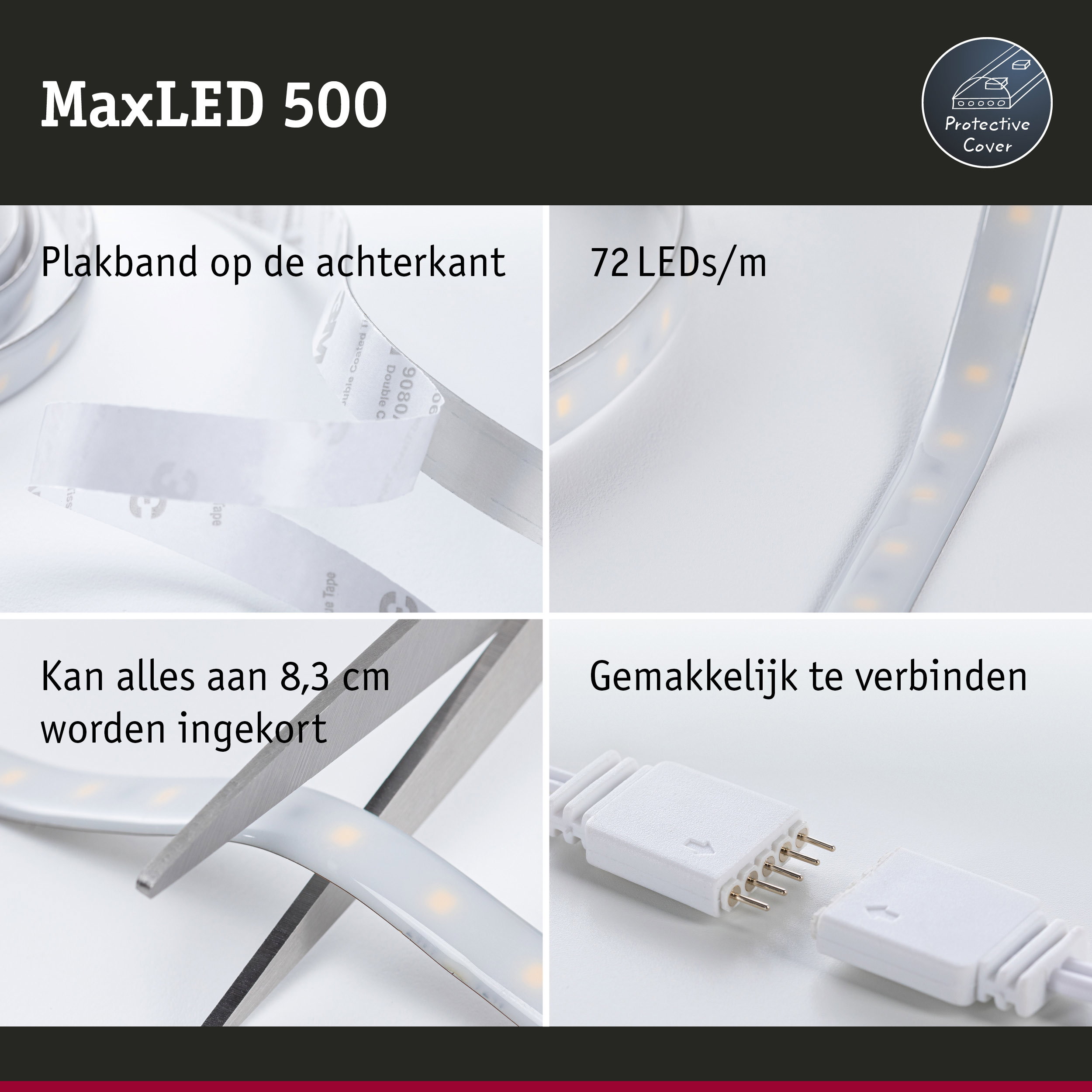 MaxLED 500 LED-strip met beschermkap, 72 LEDs per meter, zelfklevend en eenvoudig te verbinden