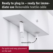 White wall-mounted device with removable textile cable for quick installation and immediate use