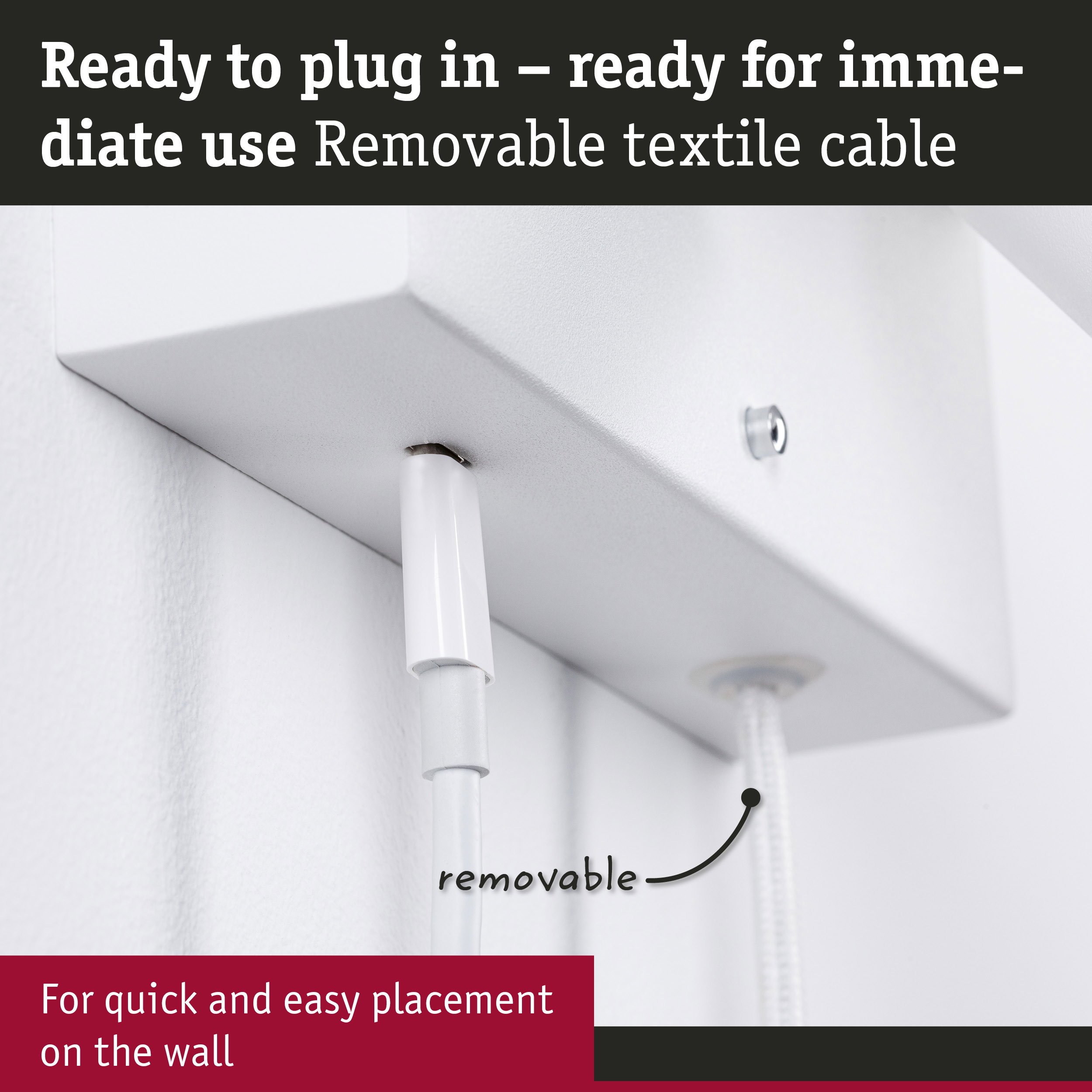 White wall-mounted device with removable textile cable for quick installation and immediate use