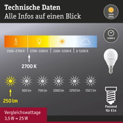 Technische Daten LED-Lampe mit 2700 K warmweiß, 15000 h Lebensdauer, 250 Lumen, E14 Sockel