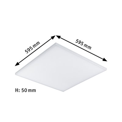 Square white LED ceiling light made of plastic, 595x595 mm, 50 mm height, modern room lighting