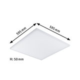 Square white LED ceiling light made of plastic, 595x595 mm, 50 mm height, modern room lighting