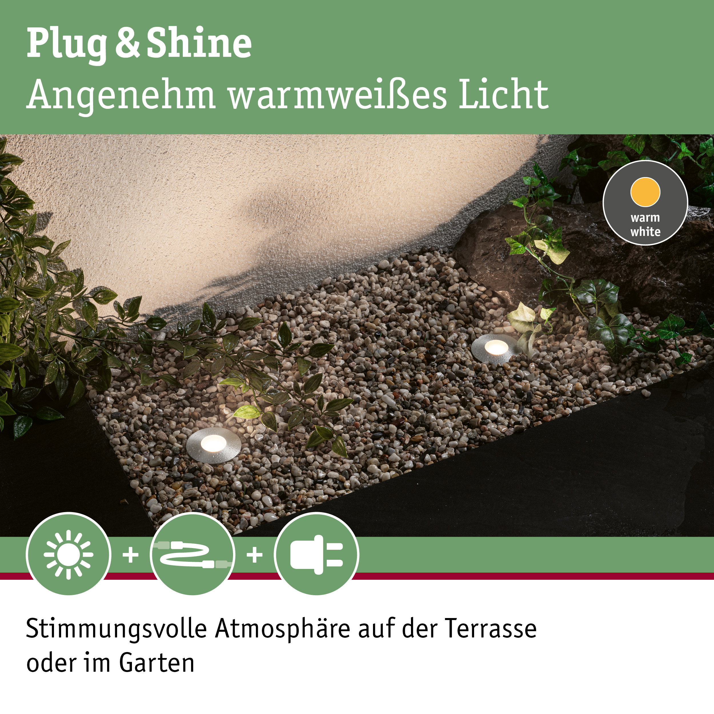 Plug & Shine LED-Gartenstrahler mit warmweißem Licht für stimmungsvolle Terrasse und Gartenbeleuchtung