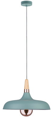 Lampa wisząca z metalu w kolorze niebieskim z drewnianymi i miedzianymi detalami, nowoczesne oświetlenie