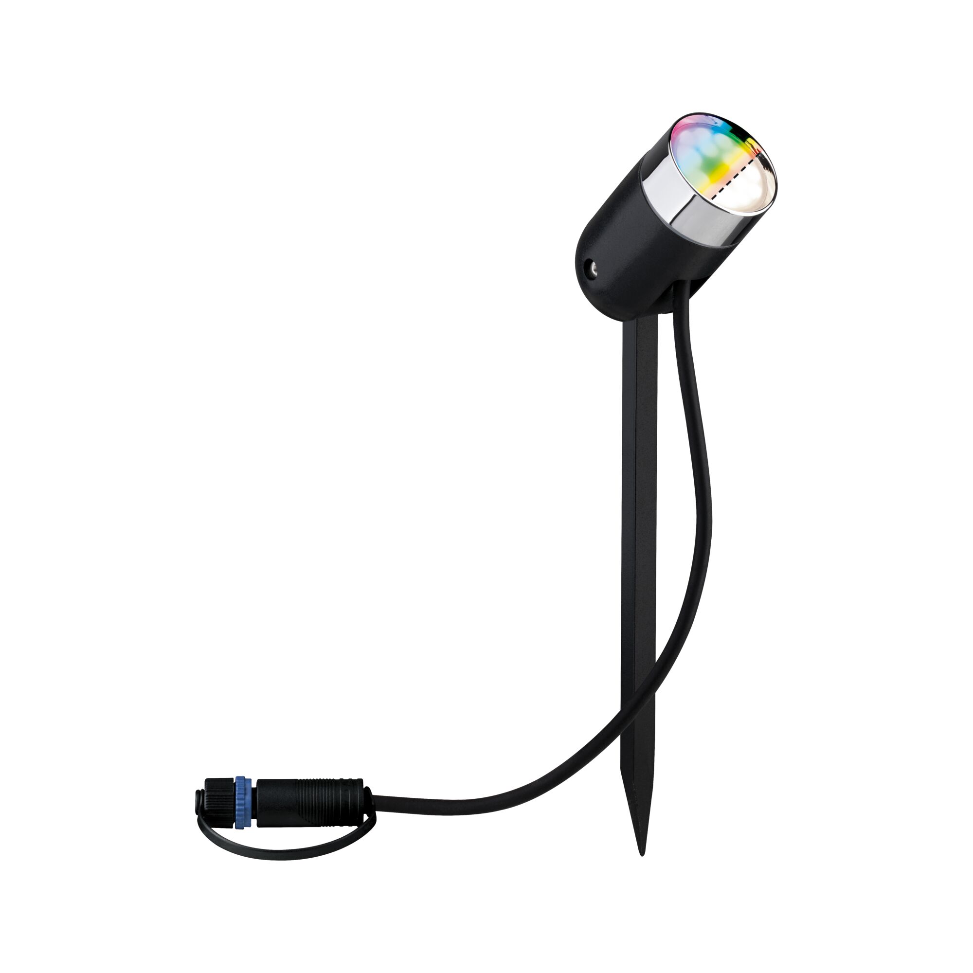 Zwarte LED-tuinschijnwerper met grondpen en kabelconnector voor buitenverlichting en tuinlicht.