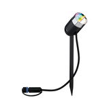Zwarte LED-tuinschijnwerper met grondpen en kabelconnector voor buitenverlichting en tuinlicht.
