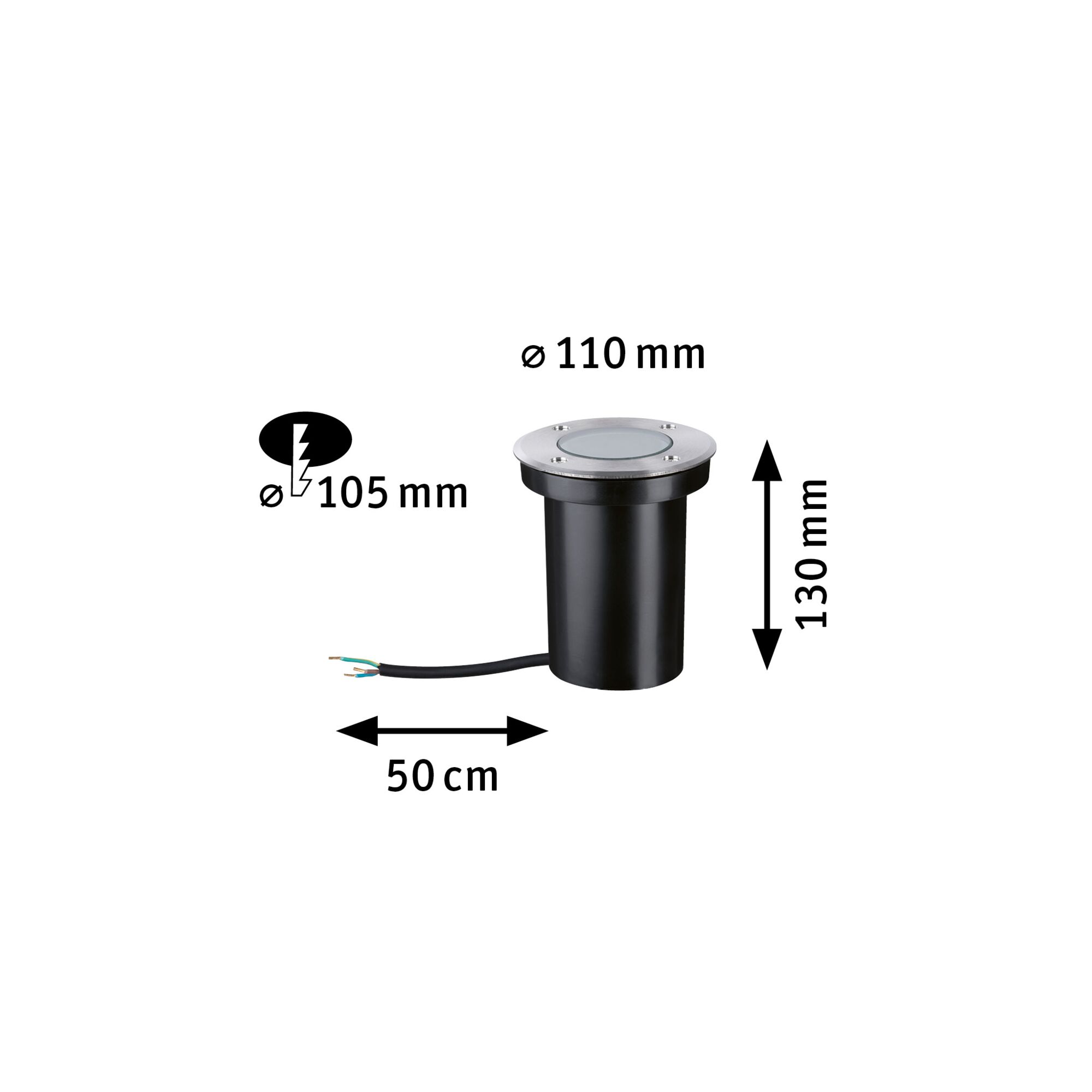 Black recessed floor light with stainless steel rim, 110 mm diameter, 130 mm height, 50 cm cable length