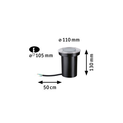 Black recessed floor light with stainless steel rim, 110 mm diameter, 130 mm height, 50 cm cable length