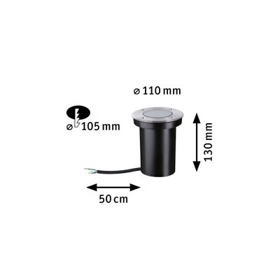 Schwarze Einbauleuchte mit Edelstahlrand, Maße Ø110 mm, Höhe 130 mm, Kabel 50 cm, LED Bodeneinbauleuchte