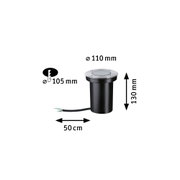 Black recessed floor light with stainless steel rim, 110 mm diameter, 130 mm height, 50 cm cable length