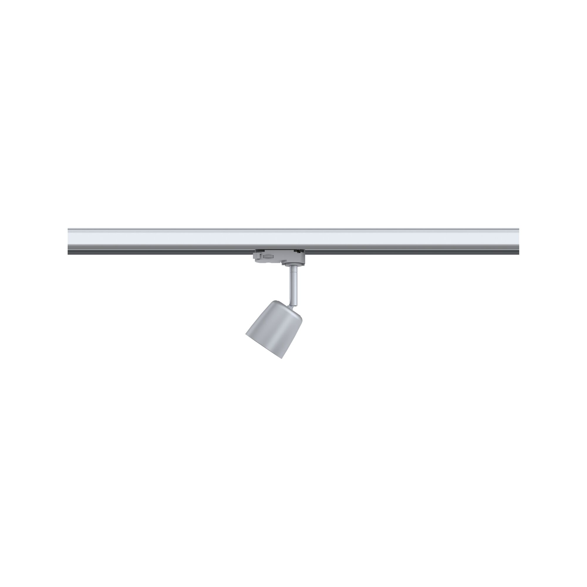 Moderner silberner LED-Strahler aus Metall an Schienensystem für flexible Beleuchtung