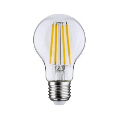 Classic LED light bulb with clear glass and yellow filaments, energy-saving lighting solution