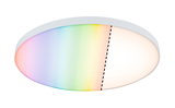 Round LED ceiling light with white frame showing color change and warm white light for living spaces