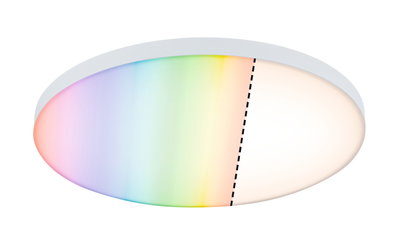 Round LED ceiling light with white frame showing color change and warm white light for living spaces