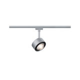 Moderner silberner LED-Strahler aus Metall an Schienensystem für flexible Beleuchtung