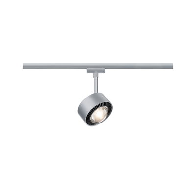 Moderner silberner LED-Strahler aus Metall an Schienensystem für flexible Beleuchtung