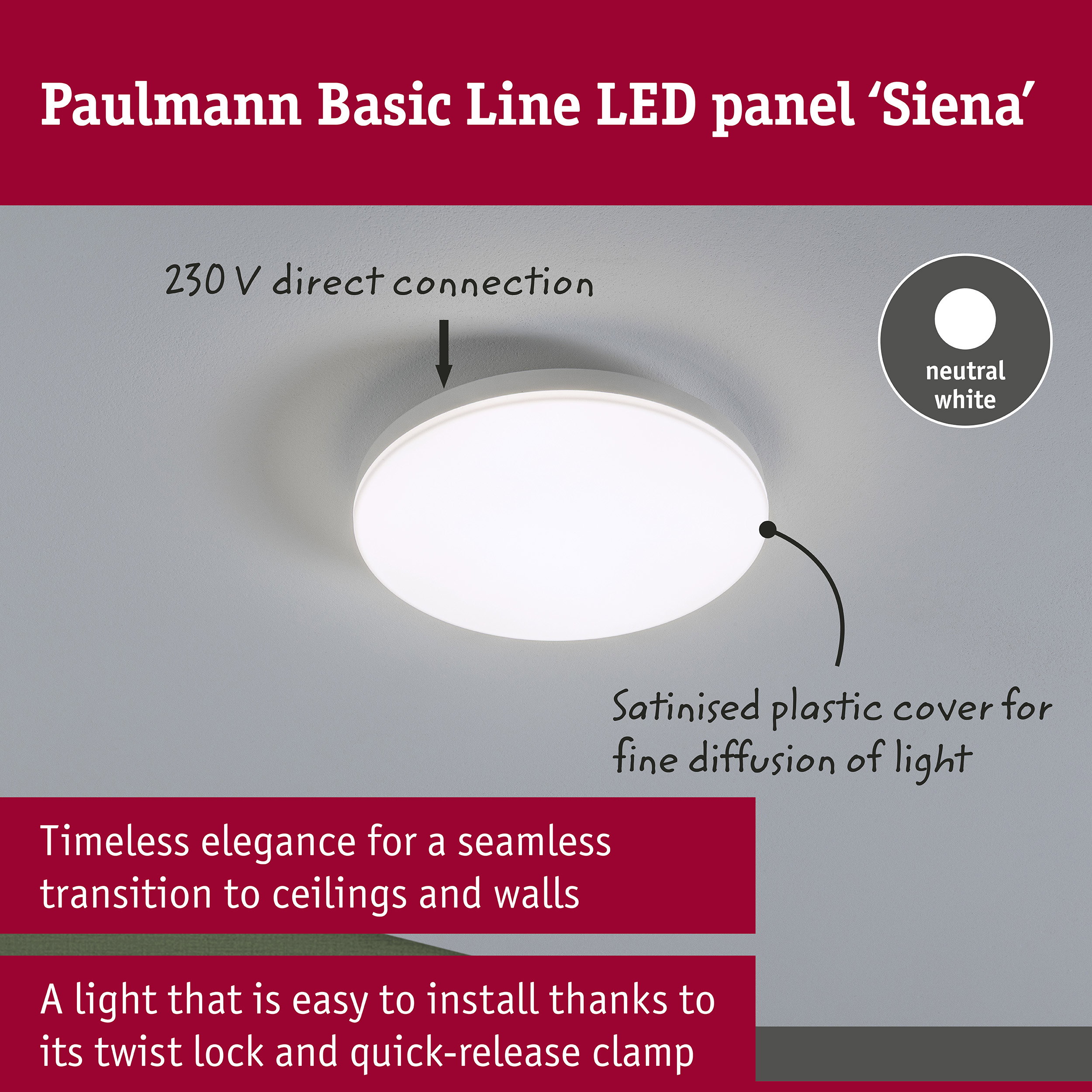 LED Ceiling light Siena 4000K 220mm 1100lm 230V 12,3W