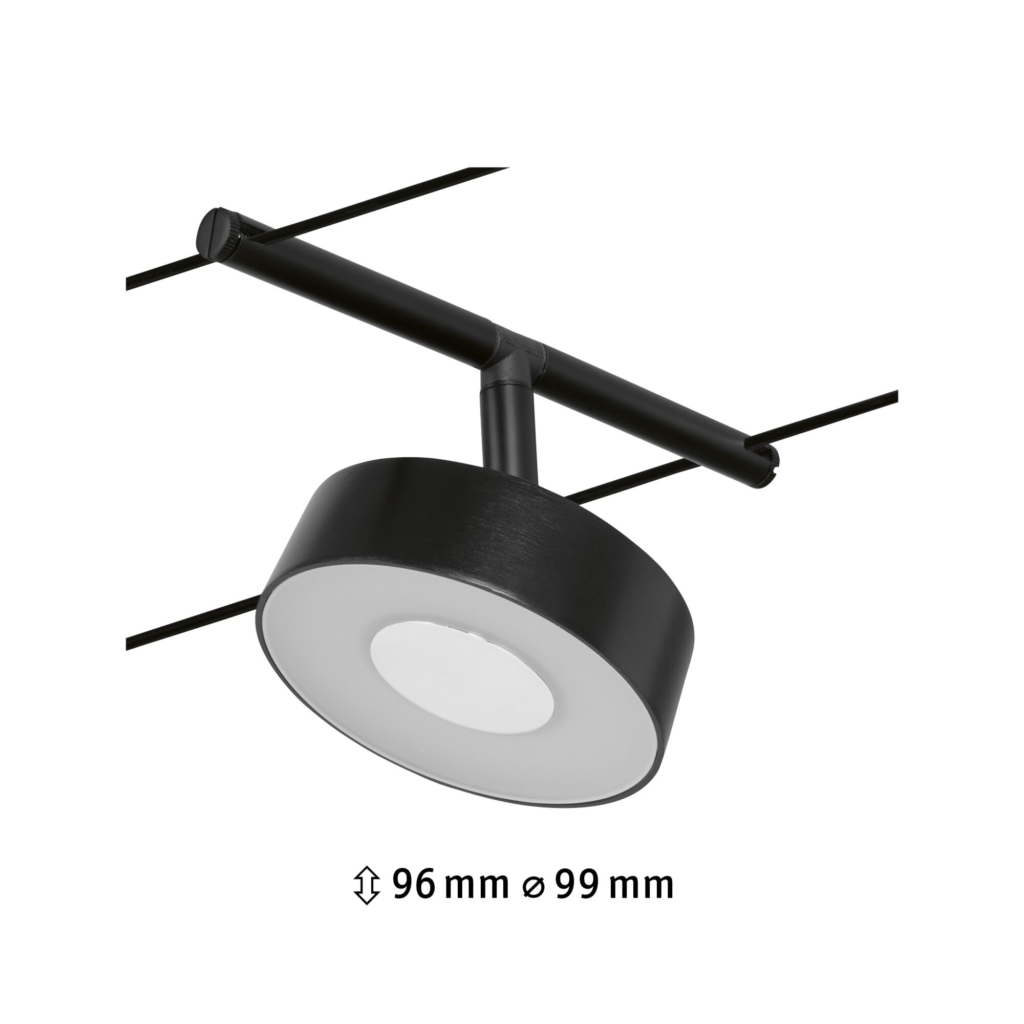 Schwarze LED-Seilspotleuchte aus Metall mit weißem Diffusor, 96 mm hoch, 99 mm Durchmesser