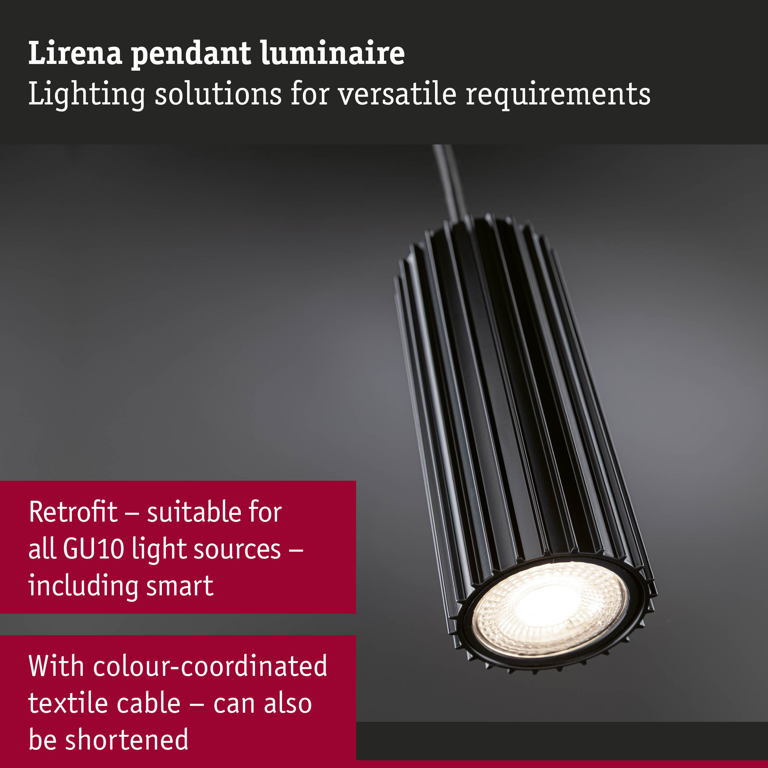 Black Lirena pendant luminaire made of aluminium with GU10 LED light source for versatile lighting solutions