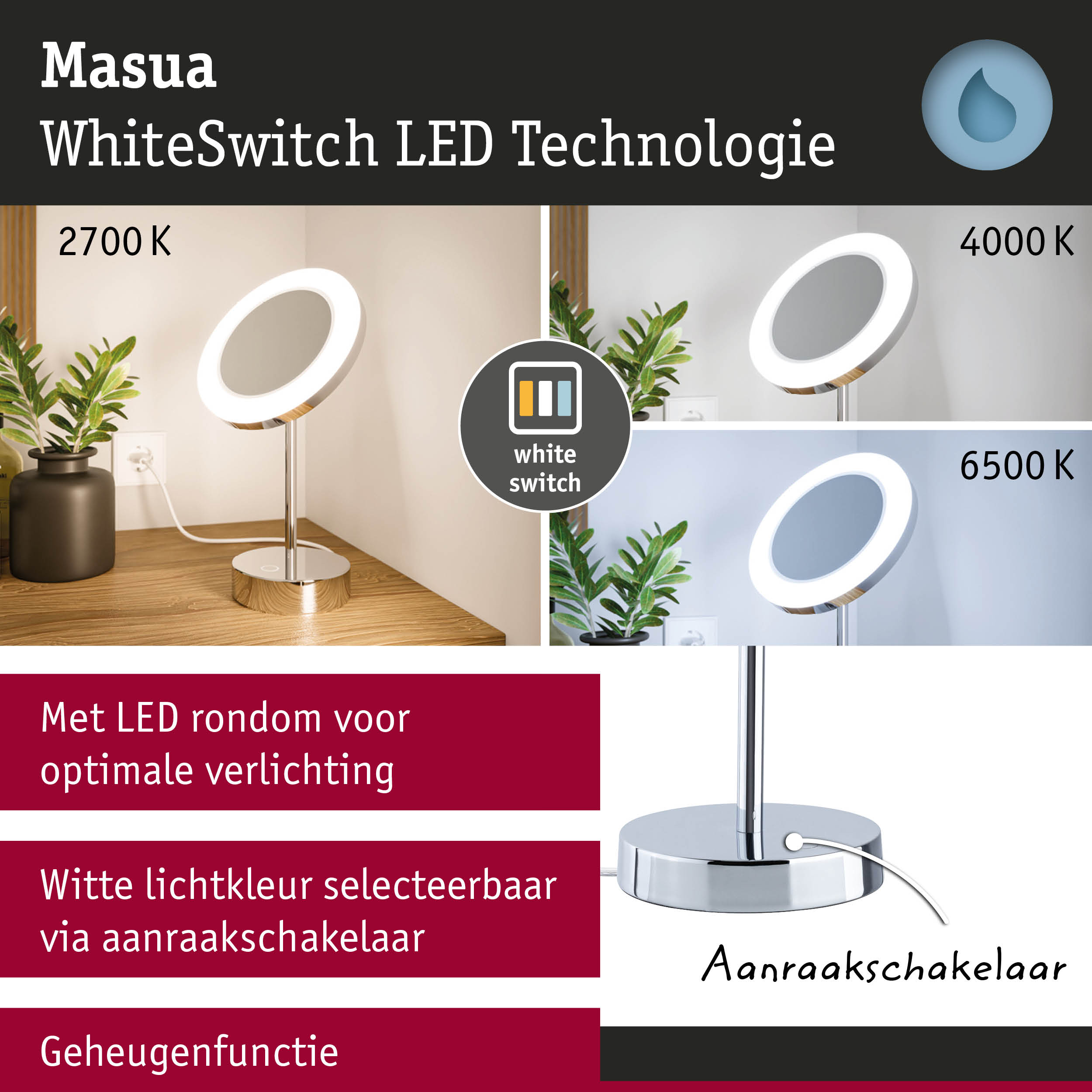 Moderne LED-tafellamp met wit ringlicht en aanraakschakelaar in chroom voor dimbaar licht