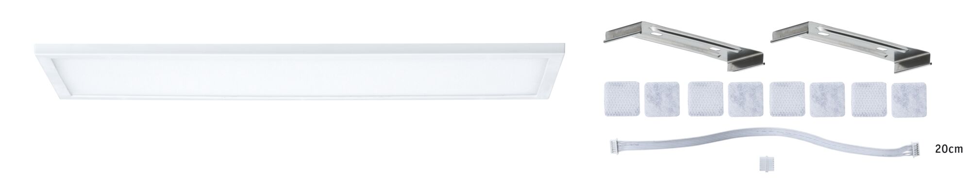 Flat white LED panel with mounting brackets and 20 cm connector cable for indoor lighting